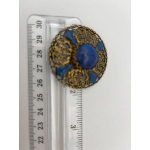 Vintage Brooch Oxidized Gold Tone Blue Accents Blue Stone W Germany - Picture 10 of 11